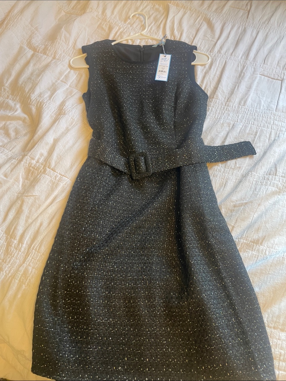 Draper James Black Tweed Belted Sheath Dress with Subtle Metallic Detail